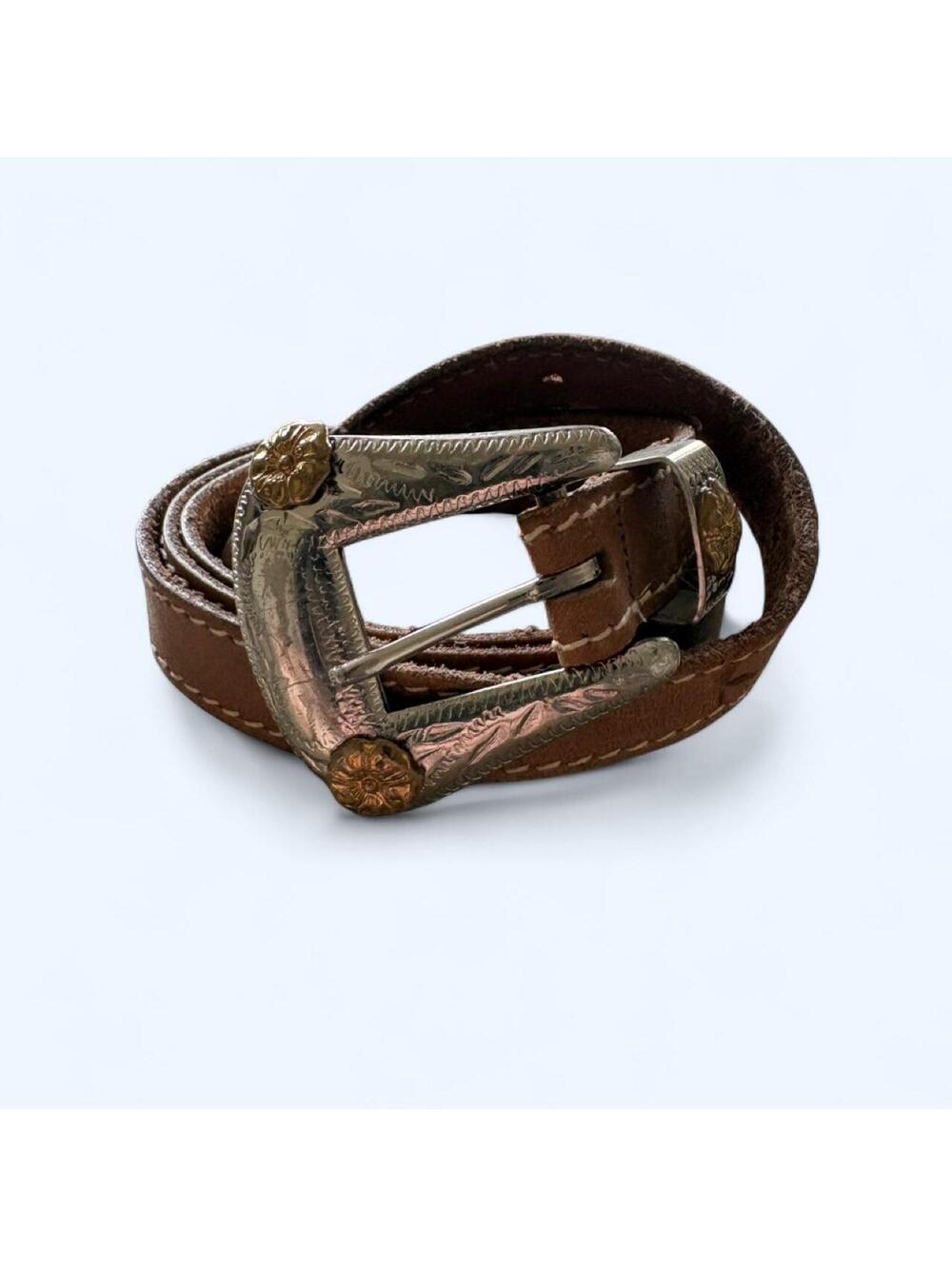 VTG 1980's Western Ranger Belt 34" Solid Nickel Silver Rose Hardware Two Tone